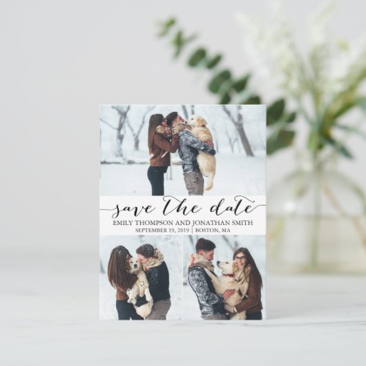 Foto slaat de datumkaart op met drie Afbeeldingen Save The Date (Staand voorkant)