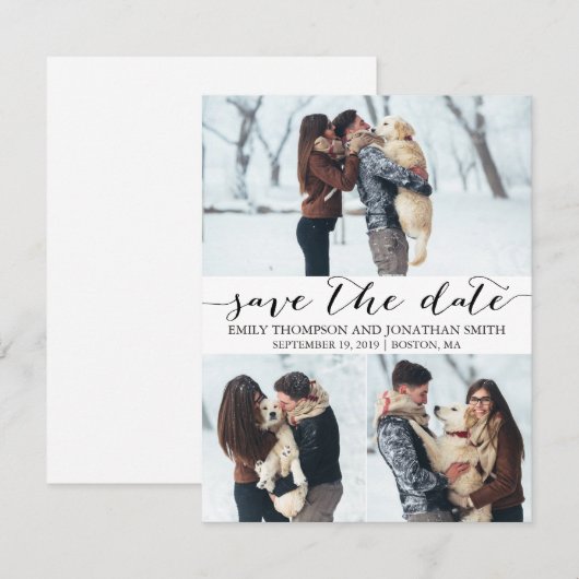 Foto slaat de datumkaart op met drie Afbeeldingen Save The Date (Voorkant / Achterkant)