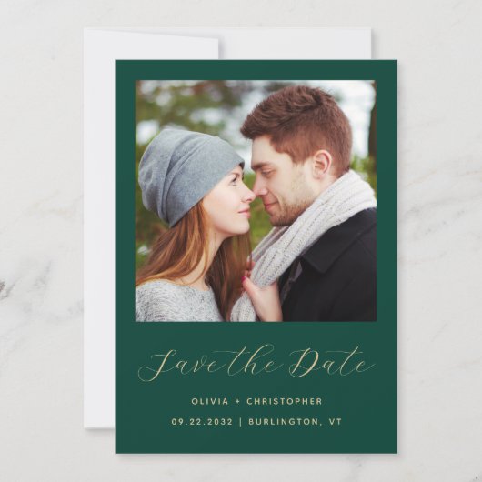Foto Smaragdgroen Gouden Script QR Code Save The Date (Voorkant)