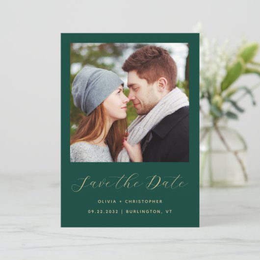 Foto Smaragdgroen Gouden Script QR Code Save The Date (Staand voorkant)