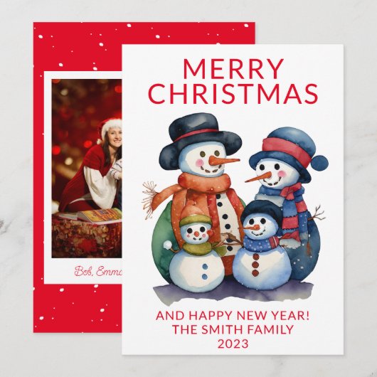 Foto Sneeuwman Familie Kado's Rode Kerst Kaart (Voorkant / Achterkant)