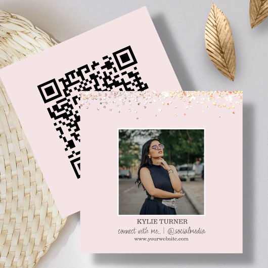 Foto sociale media | Blush roze glitter | QR-code Vierkante Visitekaartje