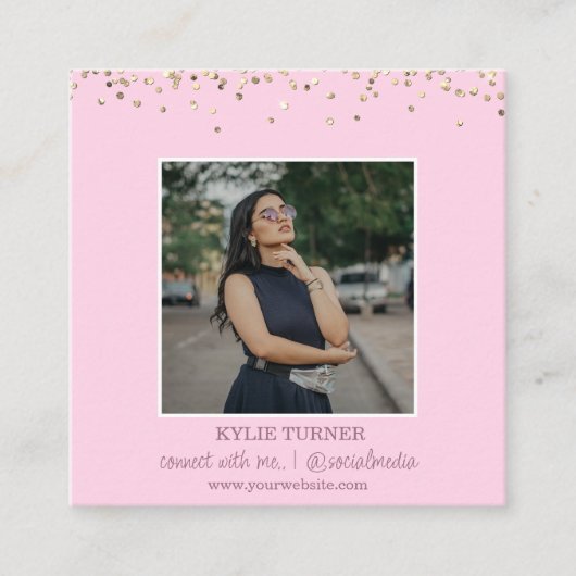 Foto | Sociale media | Roze glitter | QR-code Vierkante Visitekaartje (Voorkant)