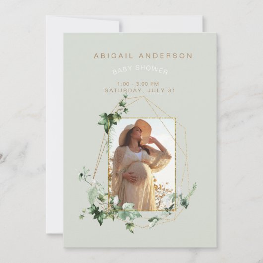 Foto: Soft Mint Foliage Baby shower Invitation Kaart (Voorkant)