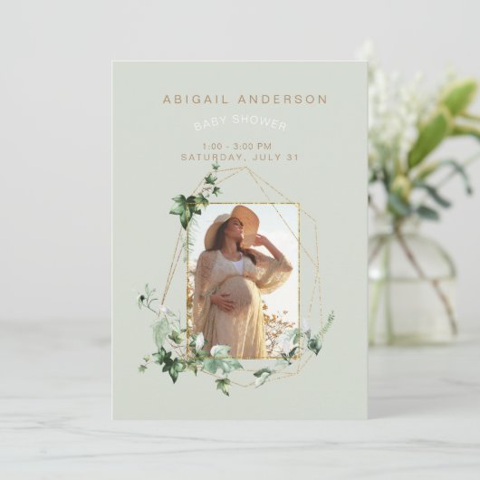Foto: Soft Mint Foliage Baby shower Invitation Kaart (Staand voorkant)