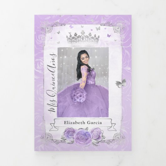 Foto Spaans Licht Paars en Silver Quinceanera Drieluik Uitnodiging (Cover)