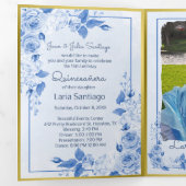 Foto Spaans Lichtblauw Goud Rozen Quinceanera Drieluik Uitnodiging (Binnenzijde eerst)
