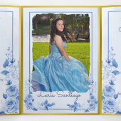 Foto Spaans Lichtblauw Goud Rozen Quinceanera Drieluik Uitnodiging (Binnenkant midden)