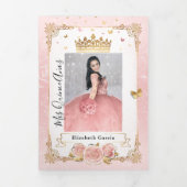 Foto: Spaans lichtroze en Gold Quinceanera Drieluik Uitnodiging (Cover)