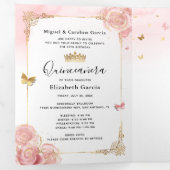 Foto: Spaans lichtroze en Gold Quinceanera Drieluik Uitnodiging (Binnenzijde eerst)