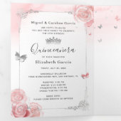 Foto: Spaans lichtroze zilver Quinceanera Drieluik Uitnodiging (Binnenzijde eerst)