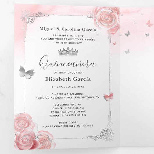 Foto: Spaans lichtroze zilver Quinceanera Drieluik Uitnodiging (Binnenzijde eerst)