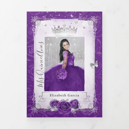 Foto Spaans Paars en Silver Quinceanera Drieluik Uitnodiging (Cover)