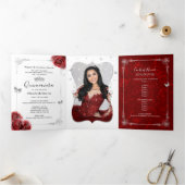 Foto: Spaans Rood en Silver Quinceanera Drieluik Uitnodiging (Binnen)