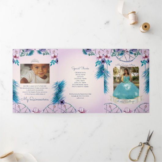 Foto: Spaans Turqouise en Roze Dream catcher Drieluik Uitnodiging (Buitenkant)