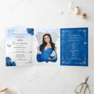 Foto Spaans Zilver Royal Blue Quinceanera Drieluik Uitnodiging