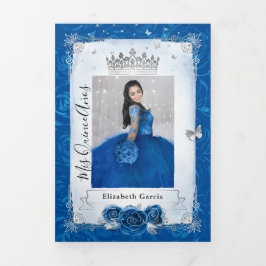 Foto Spaans Zilver Royal Blue Quinceanera Drieluik Uitnodiging