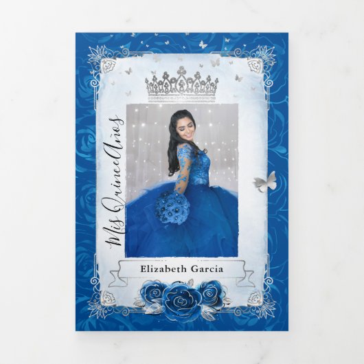 Foto Spaans Zilver Royal Blue Quinceanera Drieluik Uitnodiging (Cover)