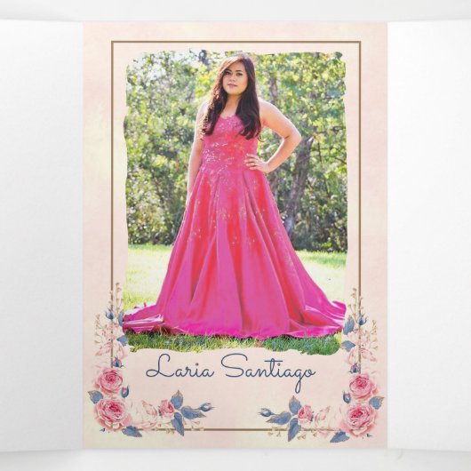 Foto: Spaanse roze blauwe Rozen Quinceanera Drieluik Uitnodiging (Binnenkant midden)
