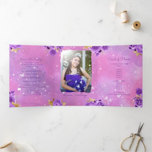 Foto Spaanse roze waterverf Quinceanera Drieluik Uitnodiging (Binnen)