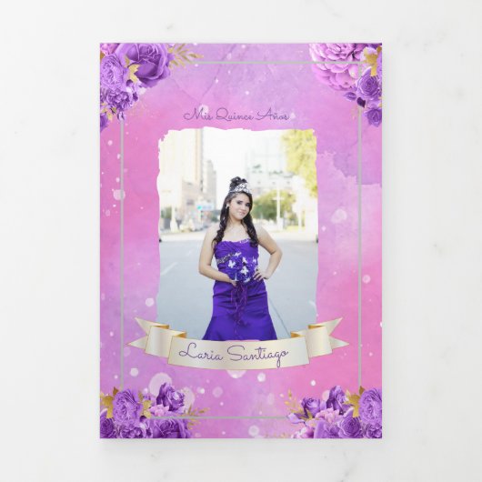 Foto Spaanse roze waterverf Quinceanera Drieluik Uitnodiging (Cover)