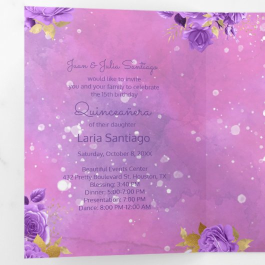 Foto Spaanse roze waterverf Quinceanera Drieluik Uitnodiging (Binnenzijde eerst)