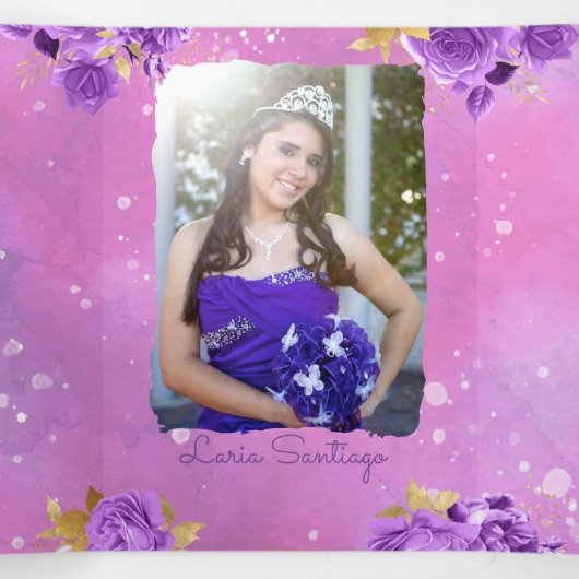 Foto Spaanse roze waterverf Quinceanera Drieluik Uitnodiging (Binnenkant midden)