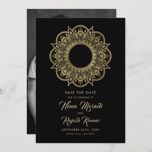 Foto sparen de datum, Indische bruiloft, zwart, go Save The Date (Voorkant / Achterkant)