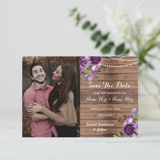 Foto sparen de datum Rustic Wood Purple Flowers Save The Date (Staand voorkant)