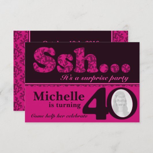 Foto ssh verrassing roze 40e verjaardag uitnodigen kaart (Voorkant / Achterkant)