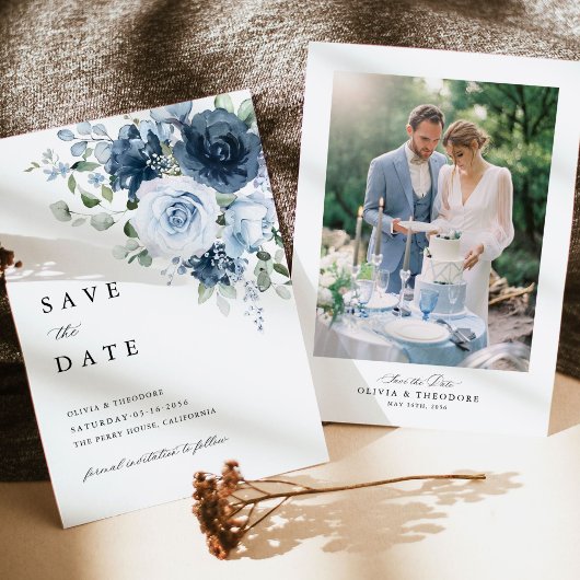 Foto Stof Blauw Marine Bloemig Huwelijk Save The Date