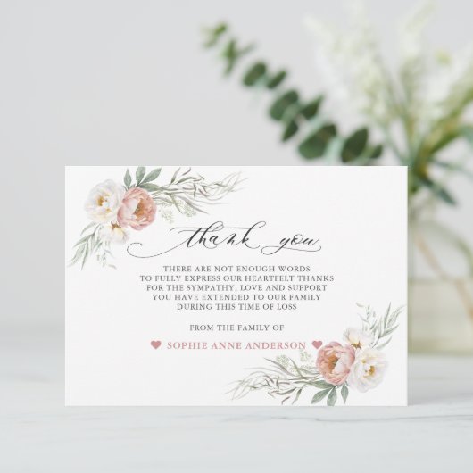 Foto Stof Roze Witte Bloemen Ter Herinnering  Bedankkaart (Staand voorkant)