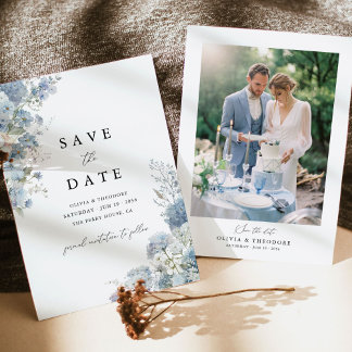 Foto Stofblauw Aquarel Bloem Bruiloft Save The Date