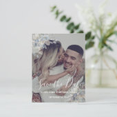 Foto Stofblauw Bloemige Trouw Save the Date (Staand voorkant)