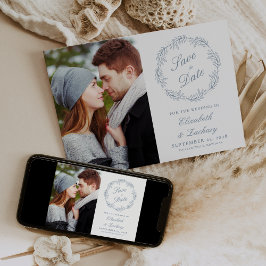 Foto Stofblauw Botanische Krans Save the Date Kaart