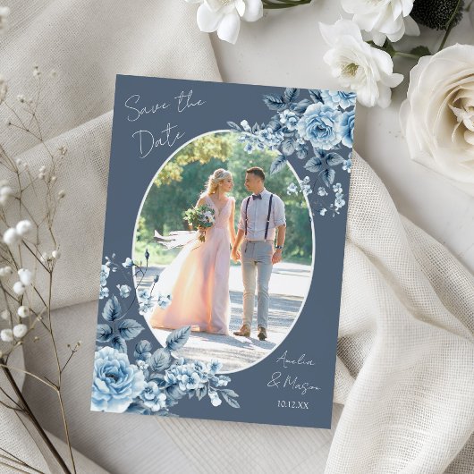 Foto Stofblauw Schrifttype Bloemige Save the Date Kaart