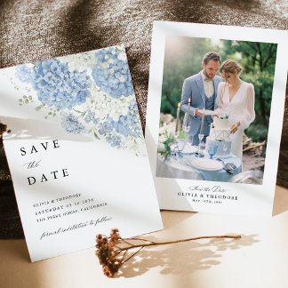 Foto Stofblauw Witte Bloemige Bruiloft Save The Date
