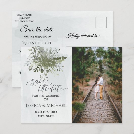 Foto stoffig blauw waterverf groen eucalyptus aankondigingskaart (Voorkant / Achterkant)