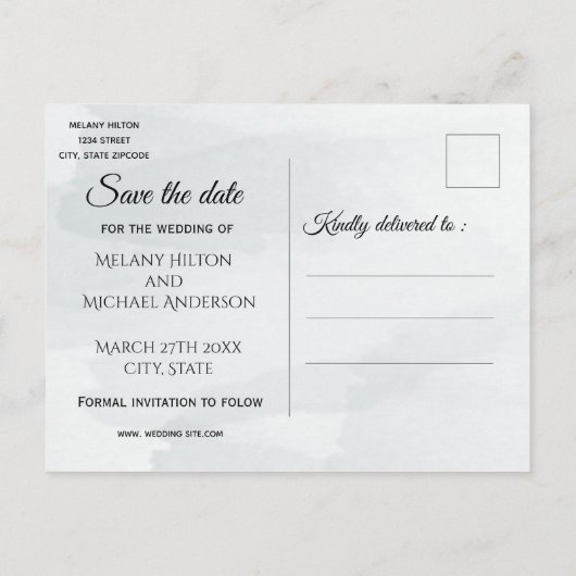 Foto stoffig blauw waterverf groen eucalyptus aankondigingskaart (Achterkant)