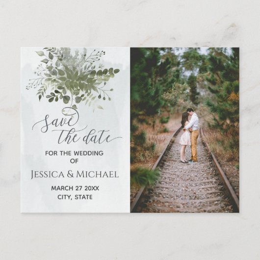 Foto stoffig blauw waterverf groen eucalyptus aankondigingskaart (Voorkant)