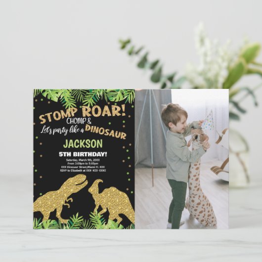 Foto Stomp Roar Glitter Dinosaurus Verjaardag Kaart (Staand voorkant)