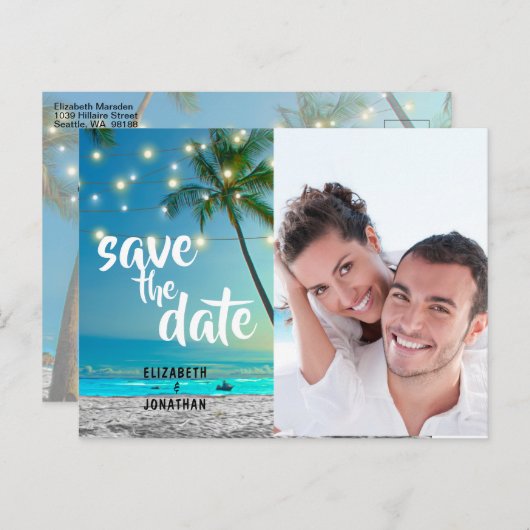 Foto String Lights Tropical Beach Save The Date Aankondigingskaart (Voorkant / Achterkant)