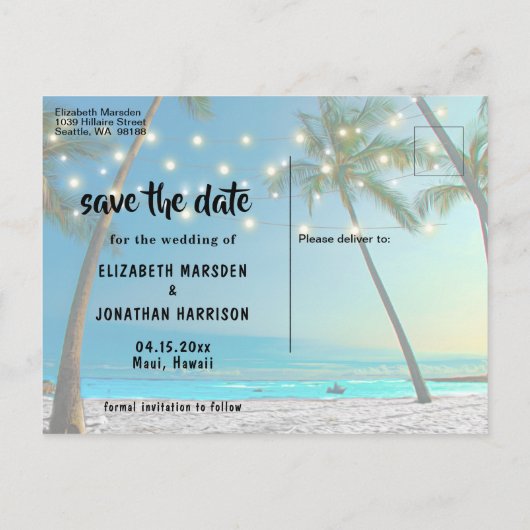 Foto String Lights Tropical Beach Save The Date Aankondigingskaart (Achterkant)