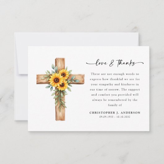 Foto Sunflower Cross Script begrafenis Bedankkaart (Voorkant)