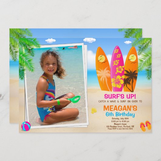 Foto Surfancyverjaardagsuitnodiging Surfs up party Kaart (Voorkant / Achterkant)