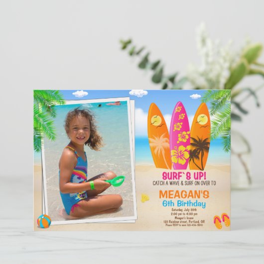Foto Surfancyverjaardagsuitnodiging Surfs up party Kaart (Staand voorkant)