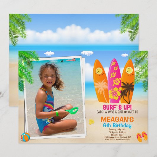 Foto Surfancyverjaardagsuitnodiging Surfs up party Kaart (Voorkant / Achterkant)