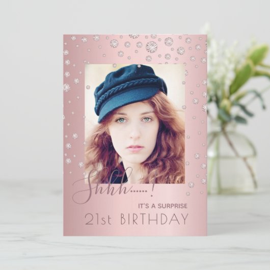 Foto: Surprise Birthday Party dusty roos diamants Kaart (Staand voorkant)