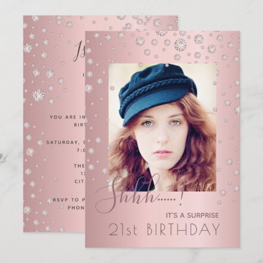 Foto: Surprise Birthday Party dusty roos diamants Kaart (Voorkant / Achterkant)