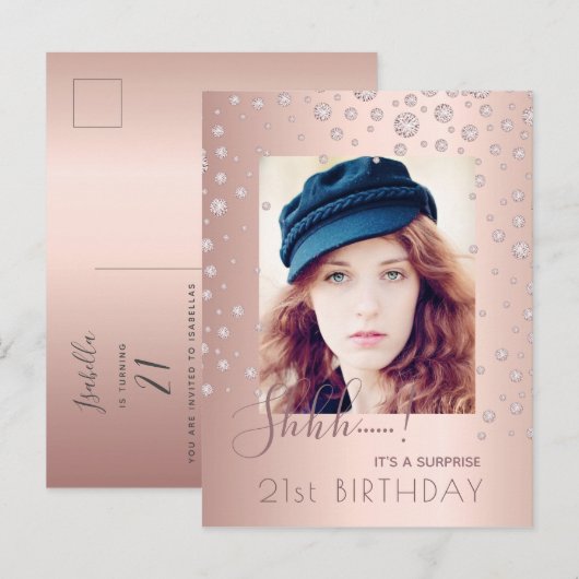 Foto: Surprise Birthday Party roos gold uitnodigin Briefkaart (Voorkant / Achterkant)